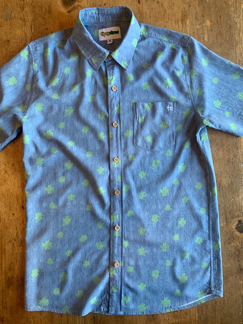 Tipsy Elves Blue Button-Up Shirt with Green Clover Print